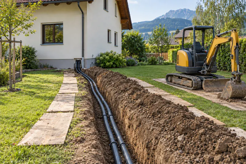 Leitungsgraben nach der Tiefenbohrung vom Sondenkopf zum Haus
